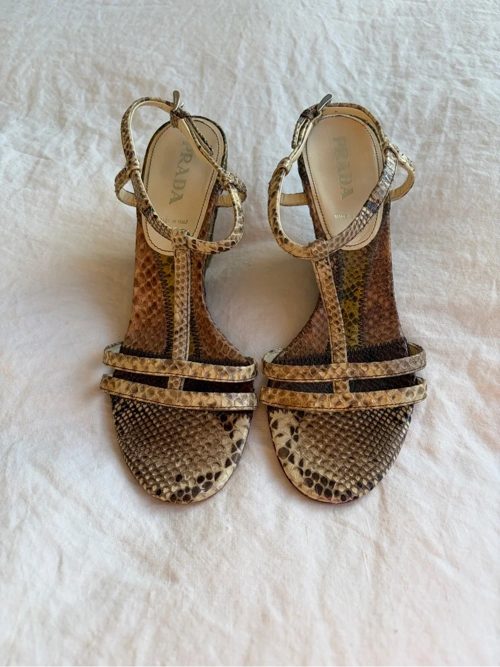 Vintage Prada Snake Python Animal Leather T Strap Wedges Heels Brown Tan Green